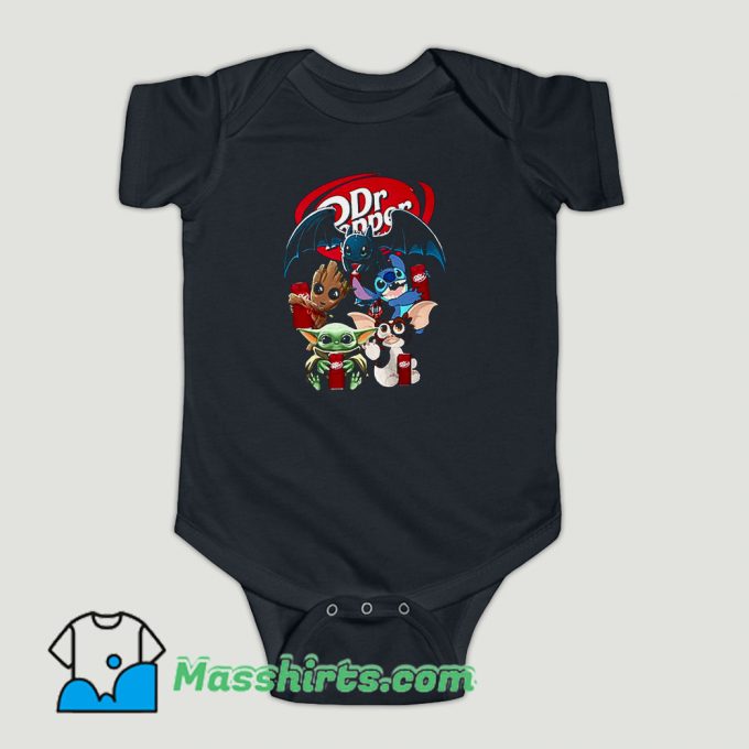 Funny Baby Yoda Groot And Toothless Stitch Gizmo Hugging Dr Pepper Baby Onesie