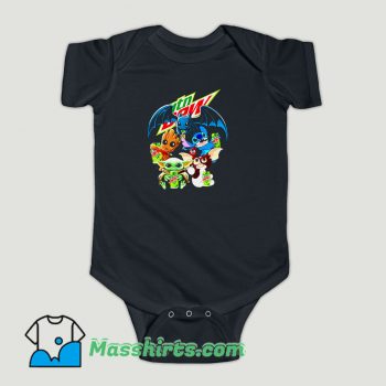Funny Baby Yoda Groot Stitch Toothless hugging Mtn Dew Baby Onesie