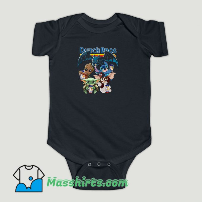 Funny Dutch Bros Coffee Baby Yoda Groot Stitch Toothless and Gizmo Baby Onesie